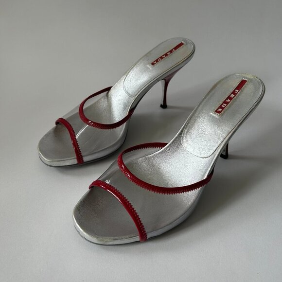 PRADA VINTAGE Y2K PVC RED SILVER HEELS - Picture 1 of 7